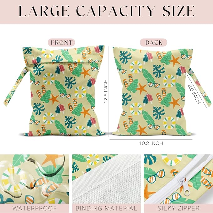 Wet Bag, Wet Dry Bag, Waterproof Swim Bags, Machine Washable Reusable Bags for Beach, Pool, Diapers, and Dirty Yoga Gym Clothes(Palm Leaf, Starfish & Beach Vacation Pattern