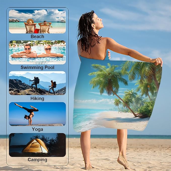 Beachside Summer Palm Trees Beach Towel, Large Microfiber Quick Dry Lightweight Pool Bath Towels Sand Free Beach Blanket for Summer Cruise Yoga Camping Travel Vacation Essentials 31 x 61 in
