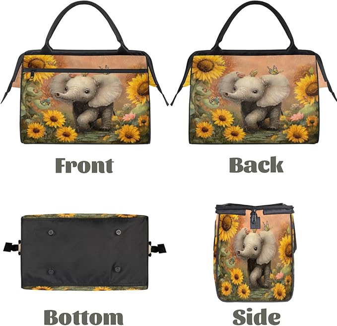 Cute Sunflower Elephant Butterfly Overnight Weekender Bags for Women Men, Waterproof Travel Carry On Duffel Bag, Lightweight Sports Gym Bag for Fitness, Workout, Travel