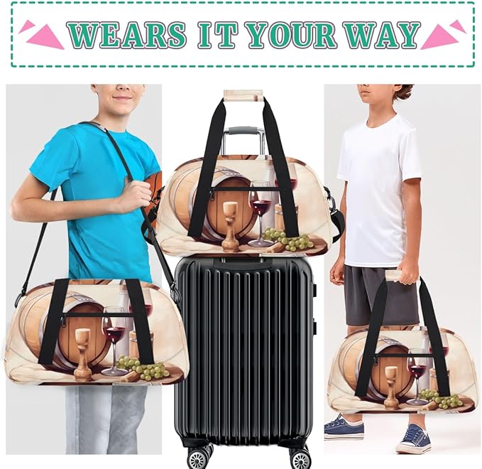 Wine Theme Kids-Duffel-Bags Gymnastics Dance Bag Carry-On Overnight Travel Gym Lightweight Dance Sports Bags For Girls Boys Kids，