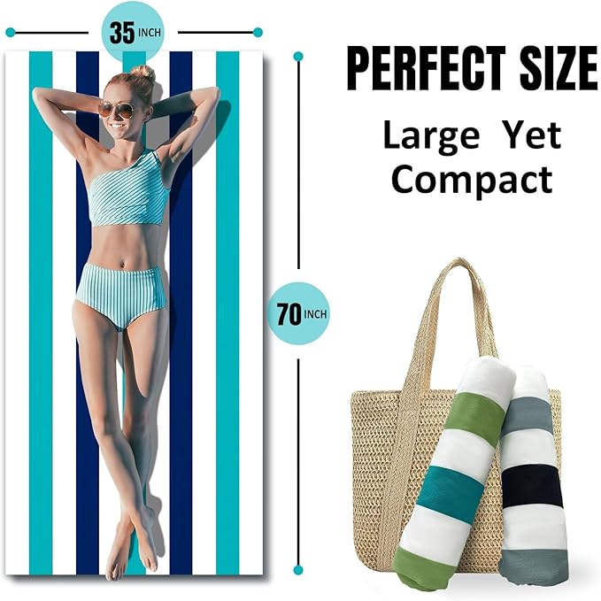cabanana Large Oversized Beach Towel - Microfiber Sand Free 35 x 70 Inch Quick Dry Lightweight Pool Towel for Adults, Thin Striped Swim Towel (Vallarta)