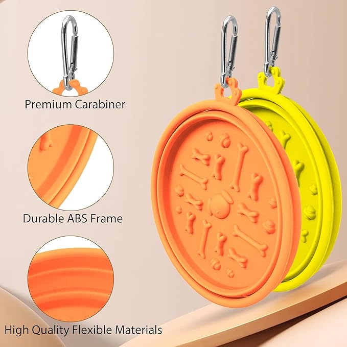 PawSailor 2-Pack Collapsible Dog Bowls with Suction Cups & Scraper - 16oz Travel Pet Bowls for Food/Water, Non-Slip Feeding Dish for Dogs, Includes Carabiner Clip Orange&Yellow