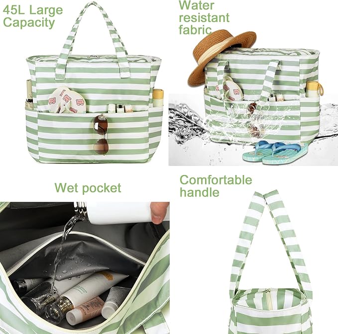 LEDAOU Beach Bag Waterproof Sandproof Women Beach Tote Pool Bag with Zipper for Swim Gym Grocery Travel with Wet Pocket | Sandproof, with Zipper, for Gym, Grocery, Travel, with Wet Pocket