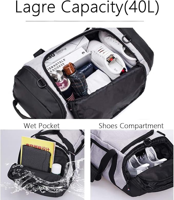 Gym Duffle Bag Backpack Waterproof Sports Duffel Bags Travel Weekender Bag for Men Women Overnight Bag with Shoes Compartment Grey