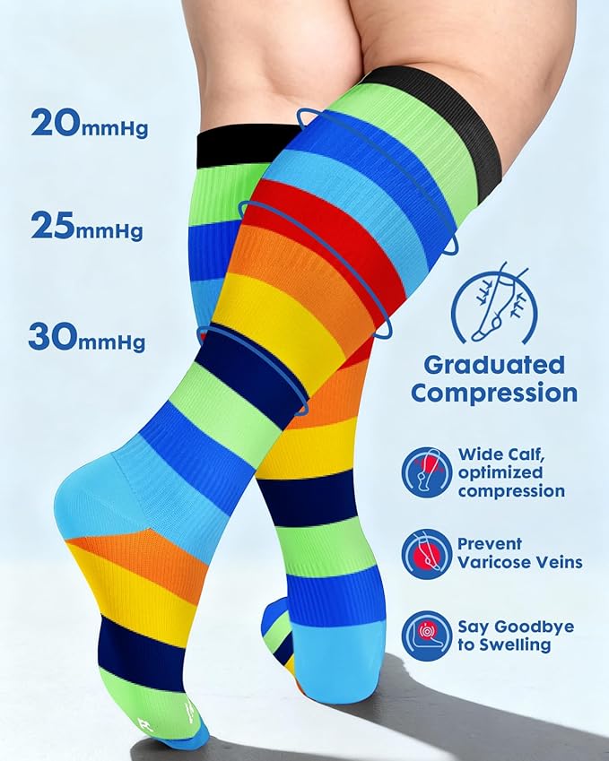 Wide Calf Compression Socks for Women - 3-Pair Plus Size 20-30mmHg Ankle Support Easy on off Socks for Travel Nurse