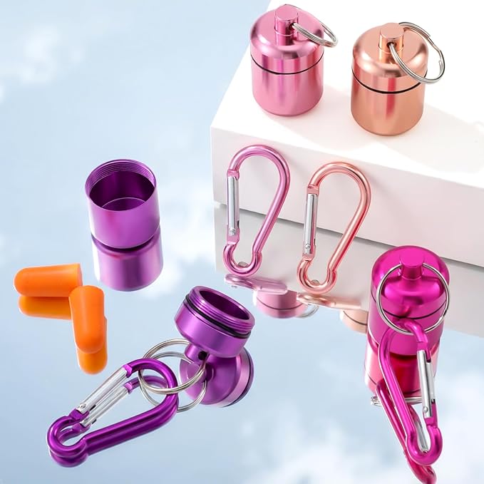 Hicarer 4 Pack Ear Plug Carrying Case, Waterproof Metal Ear Plug Holder with Keychain, Portable Small Pill Case Container for Earplugs, Jewelry, Pill Organizer for Travel or Sports(Multicolor)