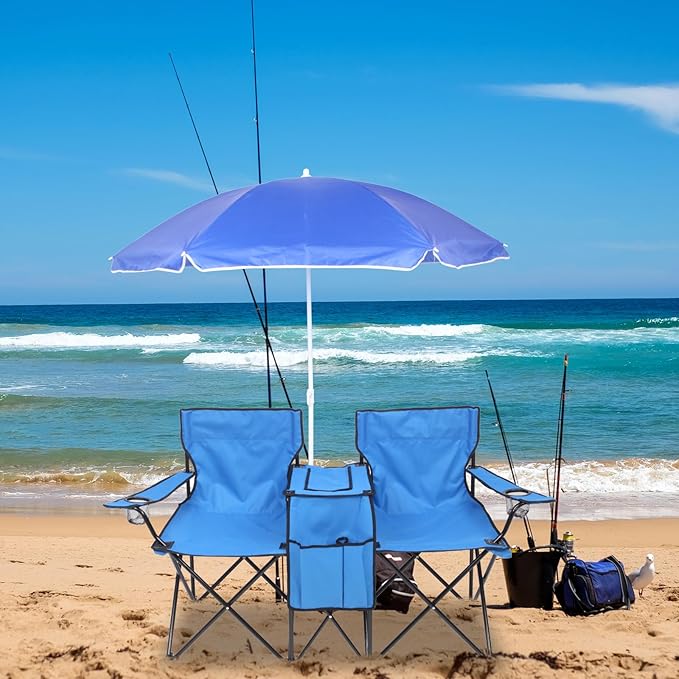 Outvita Folding Double Camping Chair w/Umbrella Beverage Holder Carrying Bag Cooler Fold Up Table, Large Bearing Capacity for Beach Patio Pool Park Outdoor Blue