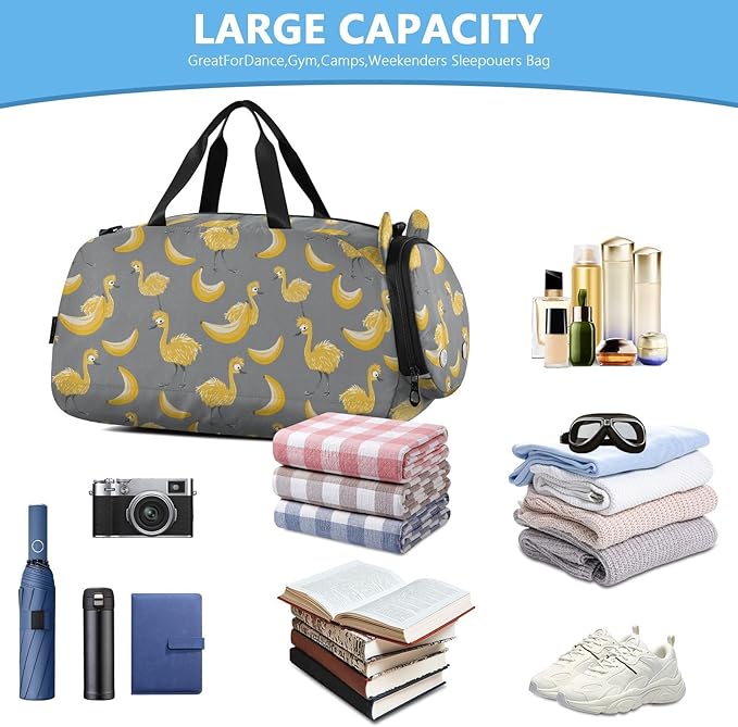 Childish Emu Bananas Yellow and Gray Girl's Gym Duffel Bag with Shoes Compartment Lightweight Gymnastics Sports Bag for Travel, Swimming, Dance, Ballet bolsa de viaje para mujer
