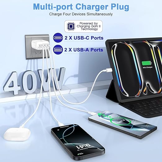 USB C Wall Fast Charger Block,40W 4-Port Type C Fast Charging Dual Type C+Dual USB-A Plug Multiport Charger Brick for iPhone 17/16/15/14/13/12 Pro Max, iPad, Galaxy