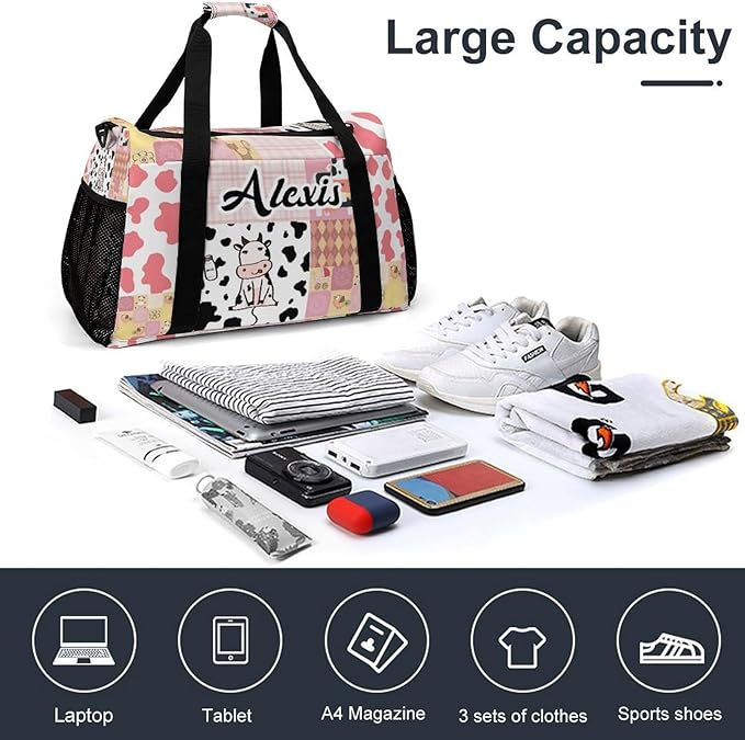 Custom Pink Red Plaid Patchwork Cow Duffel Bag with Name Adjustable Shoulder Strap Pack Handheld Crossbody Travel Bag for Teens Men Women