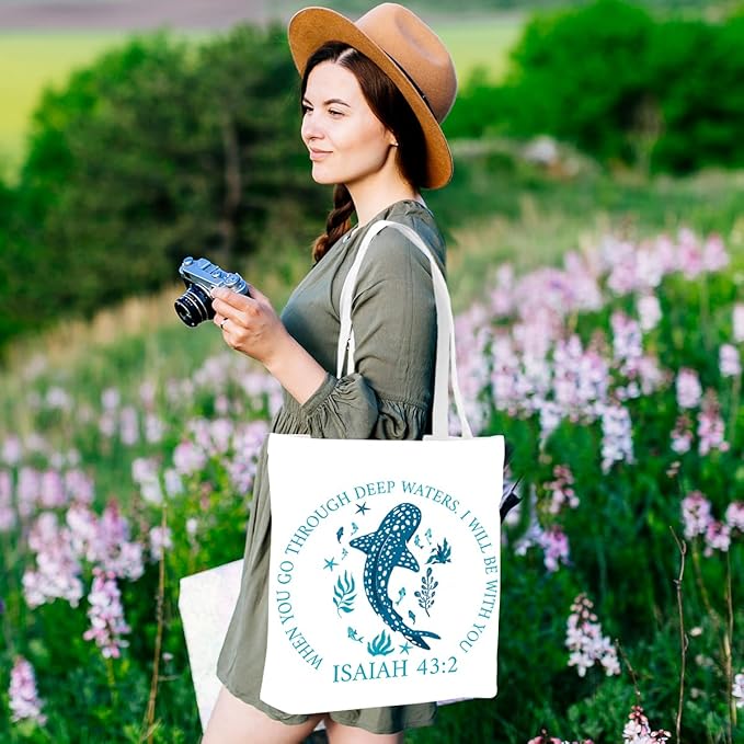 Floral Beach Whale Shark Gifts Jellyfish Christian Canvas Tote Bag for Work Totes for Women Christmas Bible