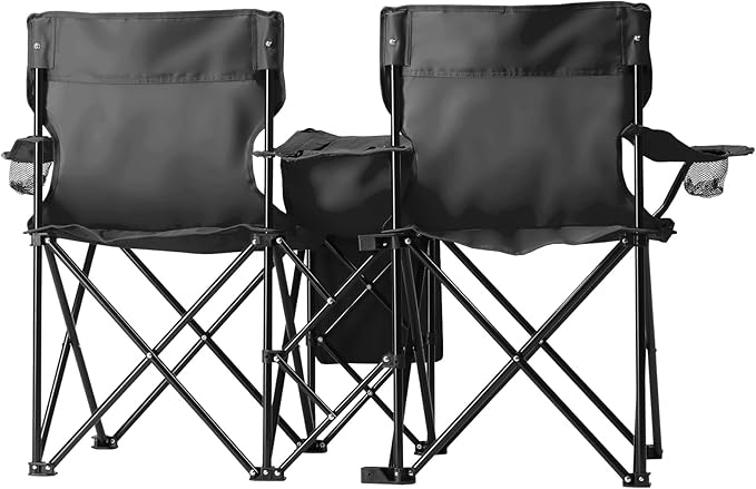 Double Folding Camping Chair W/Umbrella Fold Up Table Beverage Holder Carrying Bag Cooler for Patio Pool Park Outdoor Beach, Picnic, Portable (Black)