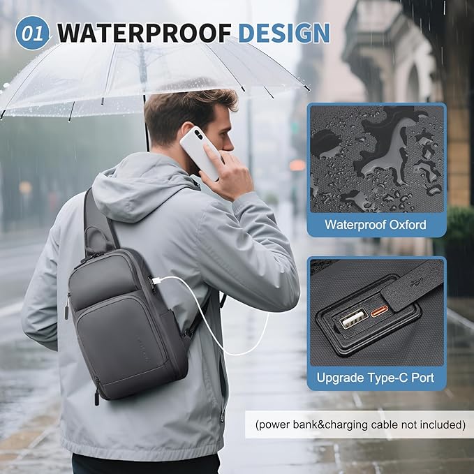 Men's Sling Bag, Convertible Anti Theft Sling Backpack, 11" One Shoulder Crossbody Backpack with USB Charging Port for Working Travel Daily, Dark Grey