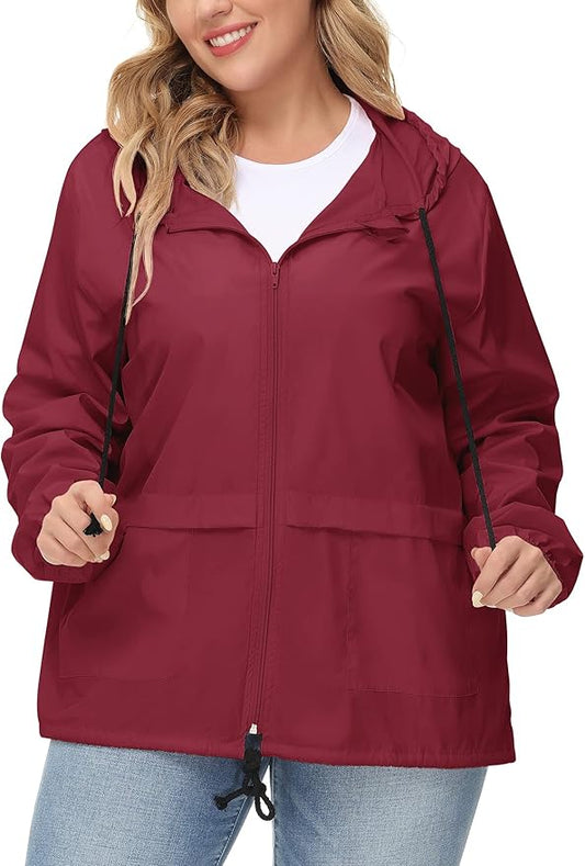 Avoogue Plus Size Raincoat Women Waterproof Rain Jacket Packable Outdoor Hooded Windbreaker