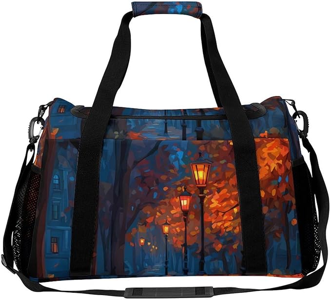Autumn Path with Streetlights Duffle Bag Gym Bag for Workout Travel Tote with Detachable Straps