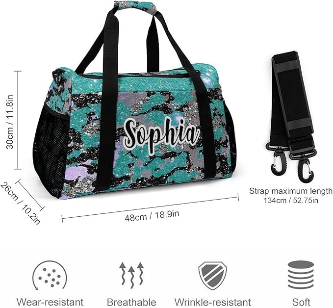 Personalized Teal Blue Camouflage Sequin Print Duffle Bags (Can Store Shoes) with Name for Women Man Custom Travel Perform Training Bags
