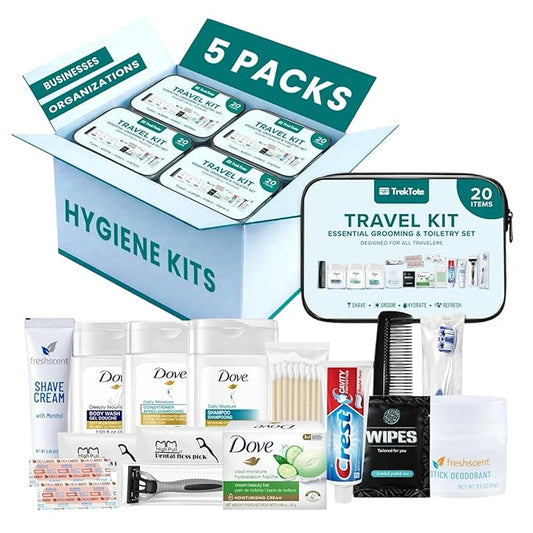 TrekTote 20 Piece Hygiene Kit Bulk, Travel Size Toiletries Set, Homeless Care Package Supplies, Mini Deodorant Shampoo Body Wash Toothbrush Toothpaste Razor Kit, TSA Approved, Clear Bag