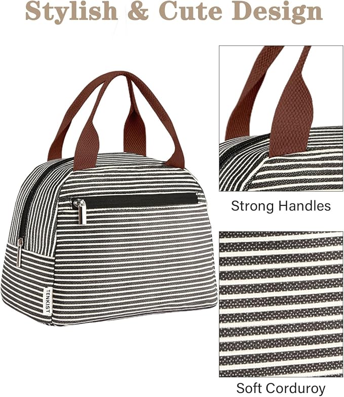 Cute Lunch Box Tote Bag - CoolerCorduroy Insulated Bags for Women - Lightweight Reusable Portable Soft Lunch Pail Kit for Kids Teen Girl Adults Work School Picnic Travel Stripe 8L