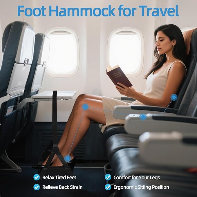 Foot Hammock for Plane Travel, No Collapse Airplane Foot Hammock with Bamboo Panel for Firm Support, Wide Leg Sling for Airplane Travel with Adjustable Straps