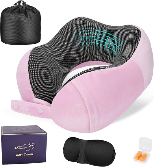 Neck Pillow for Traveling, Travel Pillows for Airplanes,100% Pure Memory Foam Travel Neck Pillow, Adjustable Flight Pillow, Portable Plane Accessories with Eye Mask, Earplugs, Carry Bag