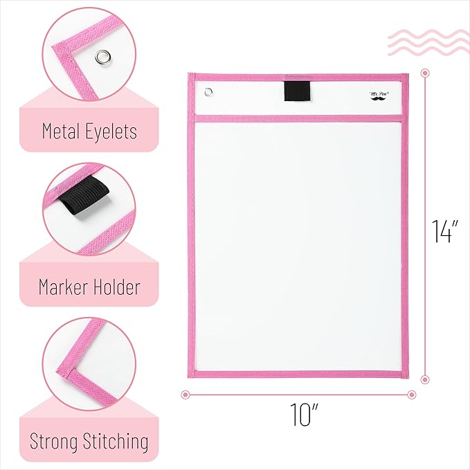 Mr. Pen- Dry Erase Pocket Sleeves, 6 Pack, 10"x14", Pink Shades Color Theme, Dry Erase Pockets Reusable Sleeves, Job Ticket Holders with Marker Holder & Metal Eyelet