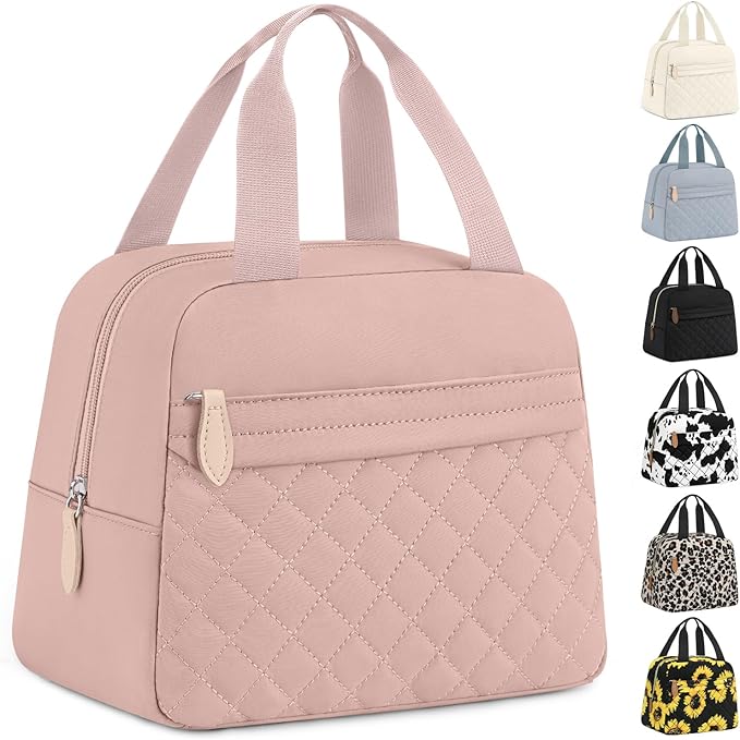 Insulated Lunch Bag for Women, Portable Lightweight Lunch Box for Adults, Reusable Small Lunch Tote Cooler Bags with Front Zipper Pocket for Work School Picnic(Pink)