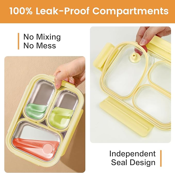 Premium 25oz SUS316L Stainless Steel Lunch Box Bento Box - Reusable Metal Snack Containers with Lids for Kids & Adults - Daycare/School/Work/Travel - Superior Corrosion-resistant (Yellow)