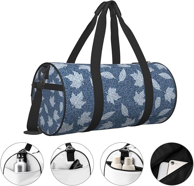 Elegant Maple Leaf Denim for Duffle Bag, Waterproof Large Duffle Bag, Weekender Bag, Gym Bag, Sports Bag, Overnight Bag