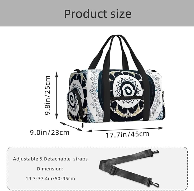 Black White Round Totem Print Gym Bag with Shoe Compartment for Women Men, 17.7in Sports Duffle Weekender Tote, Overnight Travel Duffel Bag Carry On