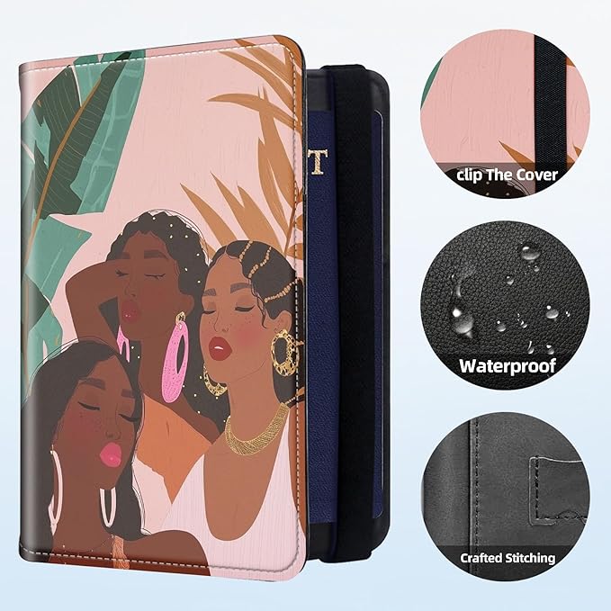 RFID Security Premium Passport and Travel Document Holder Combo, Slim PU Leather Folio Wallet with 3 Card Slots & Boarding Pass Pocket, Secure Elastic Closure Organizer, Three beautiful girls