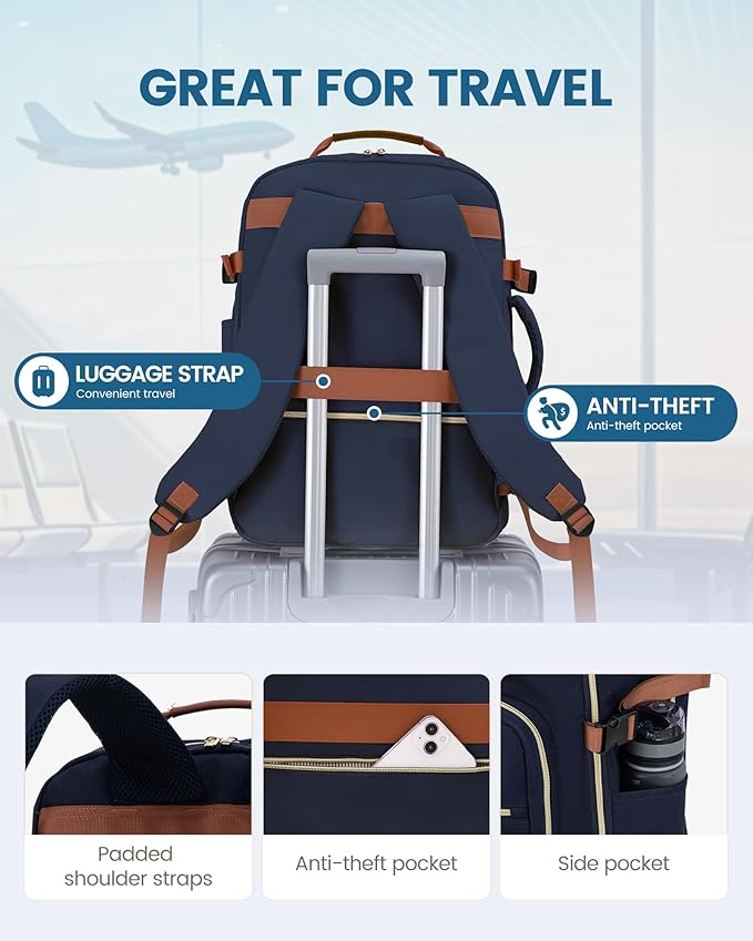 LOVEVOOK Travel Backpack for Women & Men 40L,Airline Approved Carry On Backpack Travel Essentials,TSA Carry on Luggage,Waterproof Personal Item Travel Bag,Suitcase with 3 Packing Cubes,Dark blue-Brown