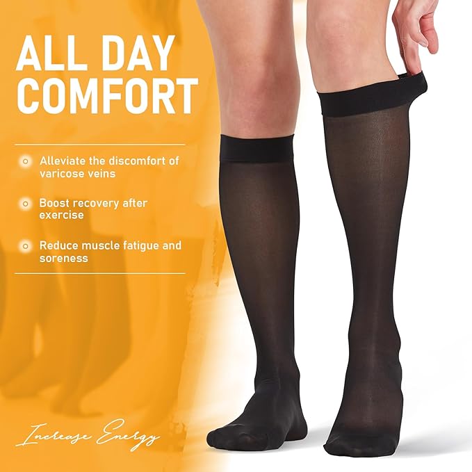 2 Pairs Sheer Compression Socks for Women - 15-20 mmHg Knee High Sheer Compression Stockings for Support Circulation Swelling Edema Work Office Travel, Black, Large