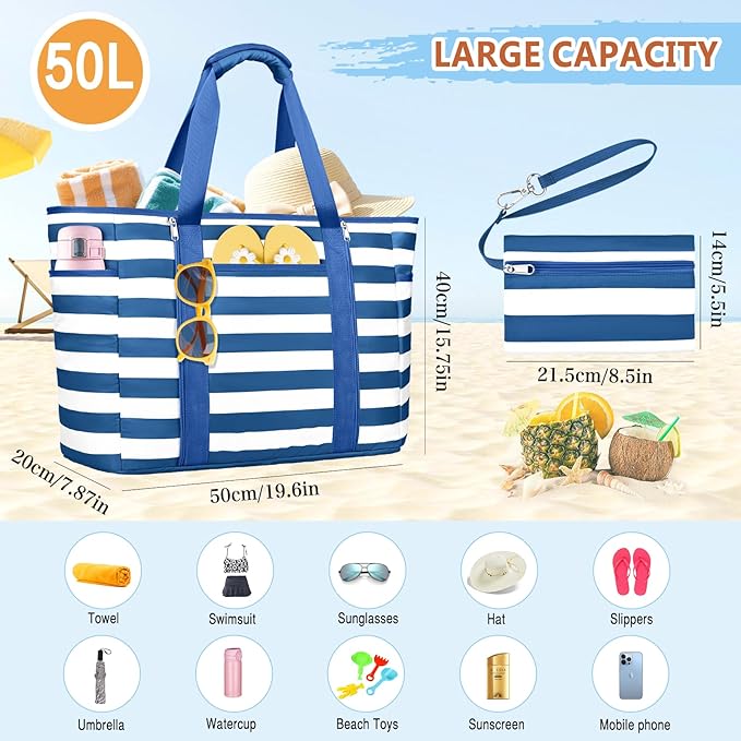 Extra Large Beach Bags for Women, Waterproof Sandproof Beach Tote Bag Foldable Swim Pool Bag with Zipper and Wet Pocket