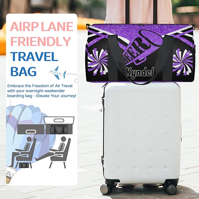 Custom Name Sports Cheer Duffel Bag for Teens, Personalized Gym Travel Weekender Tote Carry-On Bag, Purple Black Glitters Cheerleading