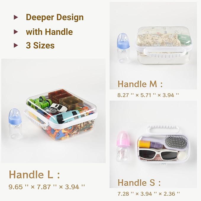 3 pcs Zipper Pouches with Handles, Clear Hard Shell Toiletry Bags, Stackable Travel Organizer, Cosmetic Bags, Transparent Diaper Bag Storage Cases (Handle-LMS)