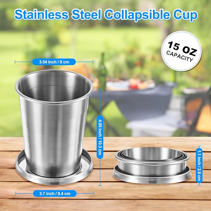 Stainless Steel Collapsible Travel Cup, 15oz(450ml) Reusable Collapsible Metal Cup Portable Foldable Water Bottle with Lid and Keychain for Travel/Camping/Hiking