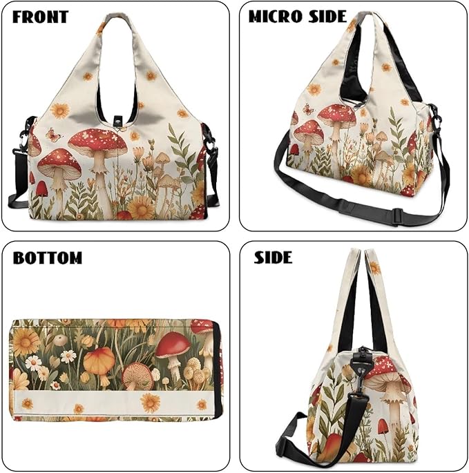 Gym Bag with Yoga Mat Holder, Shoe Compartments, Mushroom Womens Gym Bag Double Zipper Lightweight Breathable Carry On Bag for Travel Work Gym