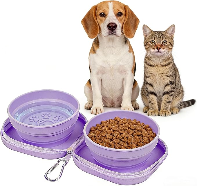 Portable Dog Bowl, Collapsible 2-in-1 Travel Dog Bowls with Carabiner Clip, Silicone Double Pet Food and Water Dish for Outdoor Camping and Hiking (Purple)