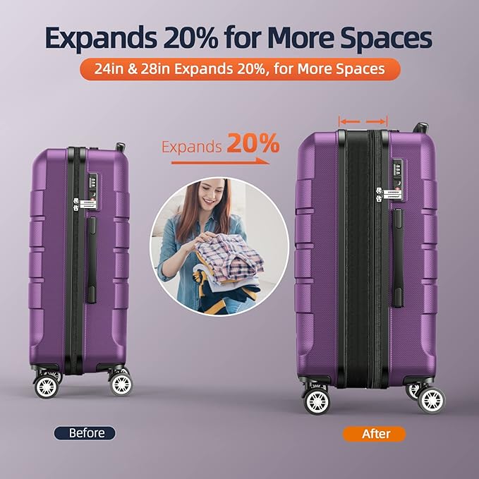SHOWKOO Luggage Sets Expandable 100% PC Durable Suitcase Sets Double Wheels TSA Lock 4 Piece Luggage Set Purple