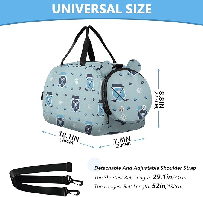 Winter Sports Hockey Blue Print Kids Sports Duffle Bag for Boys Girls Toddler Weekender Overnight Bag with Shoe Compartment & Wet Pocket Travel Foldable Bag for Travel Sport Gym Dance