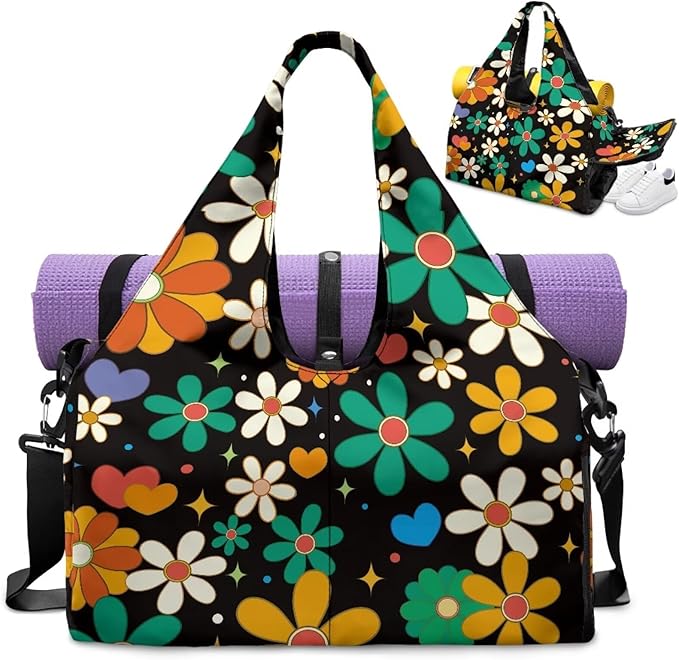 Hippie Flower Gym Bag with Shoe Compartment and Yoga Mat Holder, Waterproof Floral Duffel Bag with Pockets Black Workout Bag for Men Fitness Workout Sports Bag