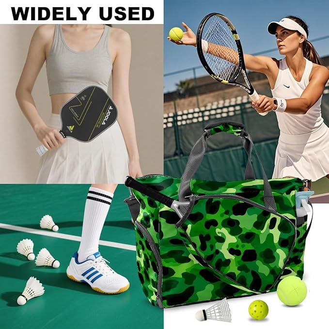 Cool Leopard Green Gym Bag for Women & Tennis Bag, Large Sports Duffel Bag Waterproof with Ventilated Shoe Compartment & Front Racket Sleeve, Lightweight Travel Weekender Overnight Bag