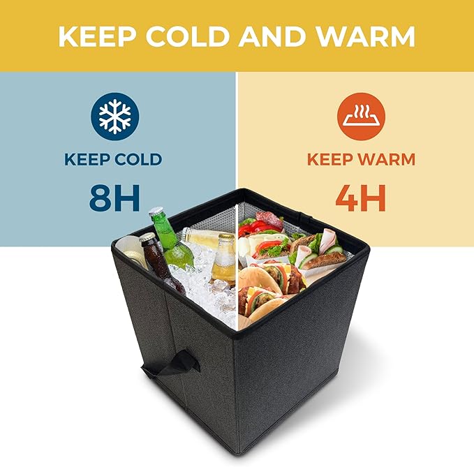 HAKOWARE 12"x12"x12" Gray Collapsible Soft Cooler Seat, Insulated, Portable, Foldable Box for Hot and Cold Food Drinks, Shoulder Strap, Reusable Clear Bag, Grocery Shopping Bags, Snacks, Picnic
