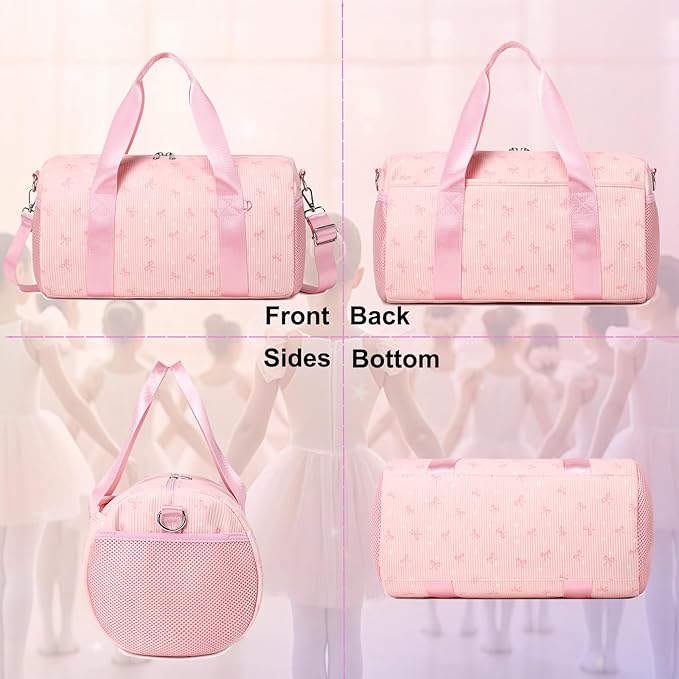 Dance Ballet Bag for Girls Small Duffle Ballerina Bags with Waterproof Dry Wet Separated Compartment Corduroy Bow Dance Bag for Girls 4-6 Pink