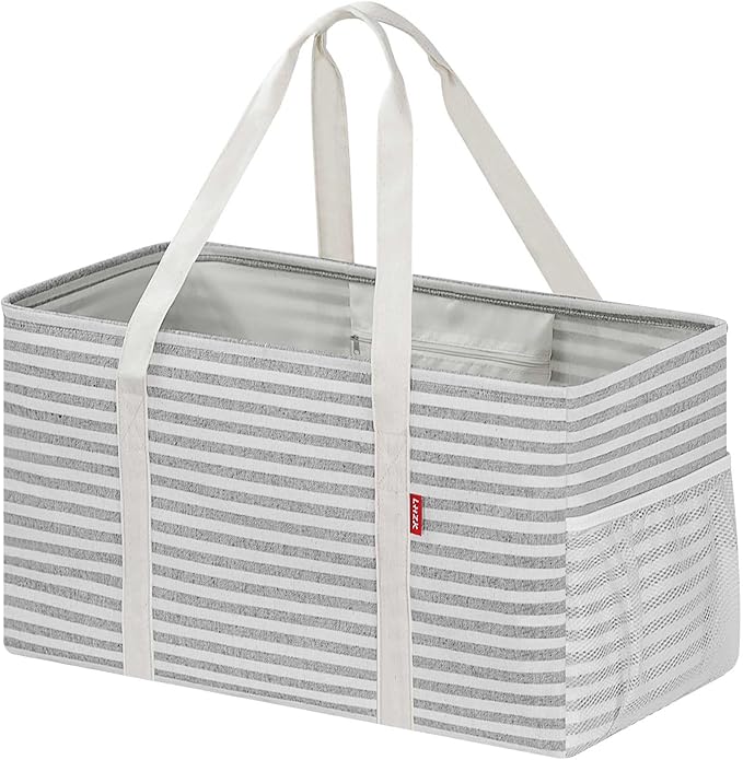 LHZK Standing Extra Large Utility Tote Bag with Metal Wire Frame and the Sides Rinforced, Extra Large Tote Bag with Handle, Reusable Grocery Bags Foldable, Beach Bag, Car Tote (Gray)