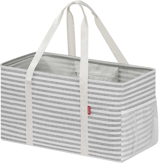 LHZK Standing Extra Large Utility Tote Bag with Metal Wire Frame and the Sides Rinforced, Extra Large Tote Bag with Handle, Reusable Grocery Bags Foldable, Beach Bag, Car Tote (Gray)