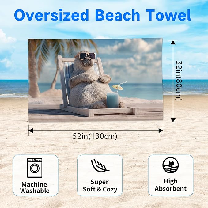 SARA NELL Seal Beach Towel, Cool Seal with Sunglasses and Drink Print, Summer Pool Beach Towel for Vacation Travel, Quick Dry Lightweight, 32"x52"