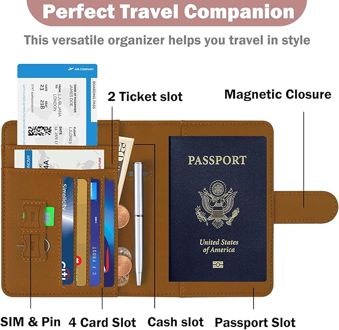 HOTCOOL Passport Holder Travel Essentials Airplane & Cruise Essentials Ship Leather Wallet Cover Case RFID Blocking Women & Men Vacation Travel Accessories Gifts Deals, Litchi - Brown