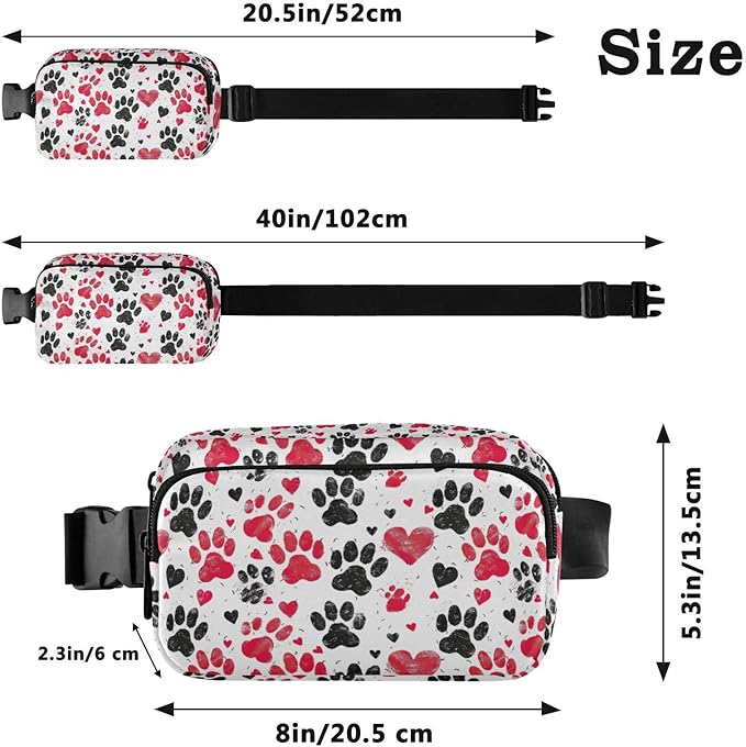 Black and Red Paw Prints with Hearts Fanny Pack for Women Men Water Resistant Fashion Waist Packs with Adjustable Strap Belt Bag for Travel Workout Jogging Hiking 21218414