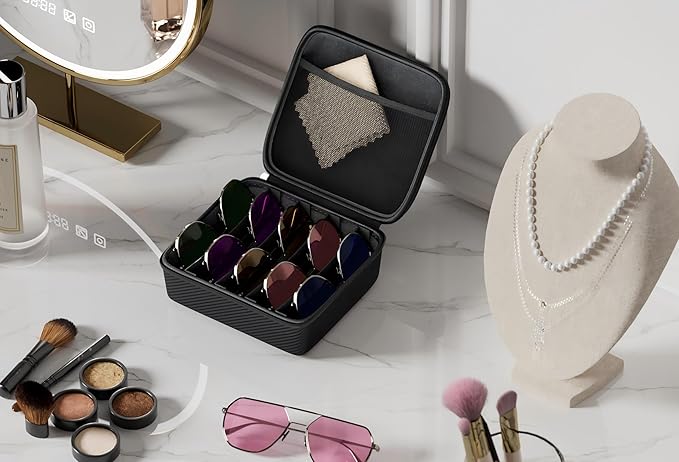 Travel Sunglasses Organizer, Hard Shell Sunglass Case Adjustable Slots for Multiple Sunglass Eyeglass Case